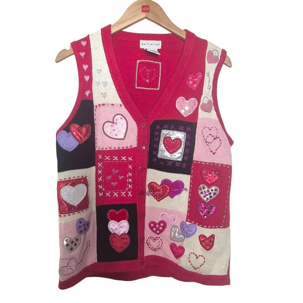 White Stag Vintage Red Valentine's Day Patchwork Sweater Vest Size Small